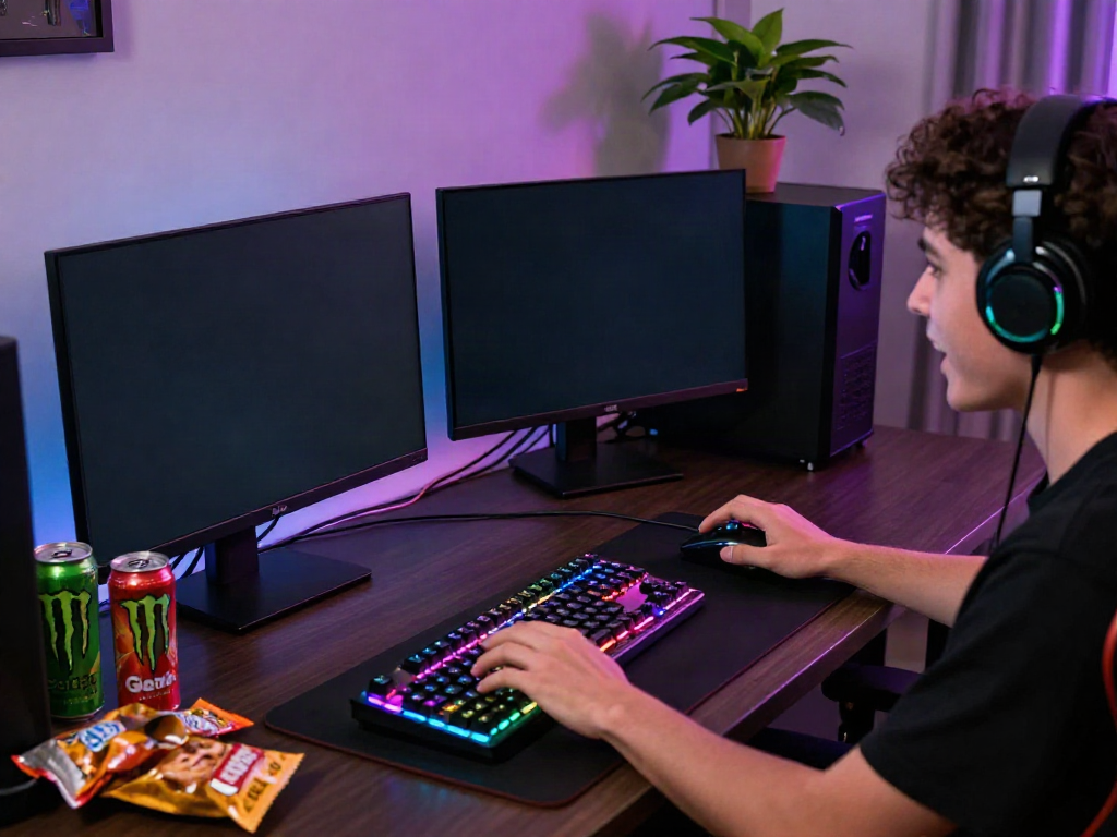 Person enjoying slot gacor games on a vibrant gaming setup with LED lights.