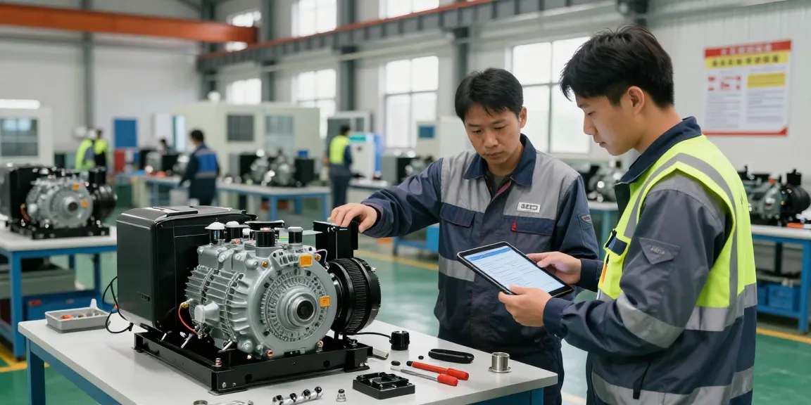 Engineers collaborating on generator set assembly inside a manufacturing facility, showcasing Huaquan as a leading generator manufacturer.