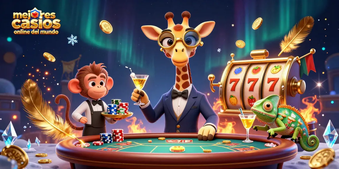 Mejores casinos online del mundo: jirafa y mono en un casino vibrante.
