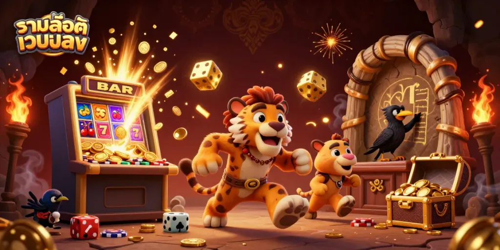 Immerse in exciting slots with รวมสล็อตเว็บตรง, featuring vibrant casino characters and dynamic slot elements.