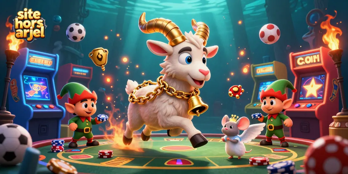 Visualisez un site hors arjel sur un casino animé avec un Krampus, un ange et des gremlins volant des jetons.