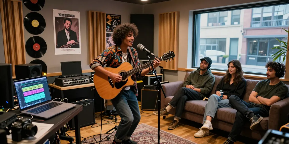 Artist showcasing their creativity in the BlastFM portfolio during a recording session.