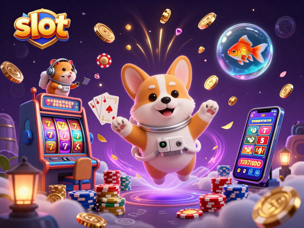 Experience thrilling slot adventures with a cartoon astronaut corgi in a space casino.