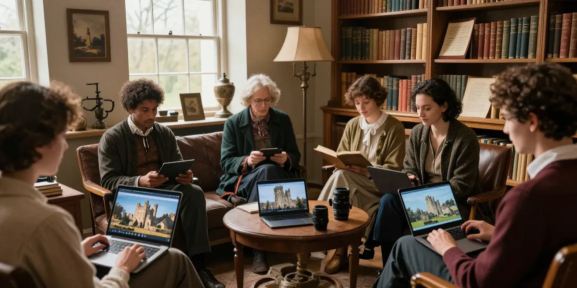 Readers exploring historical content at https://tyntescastle.com in an inviting library setting.