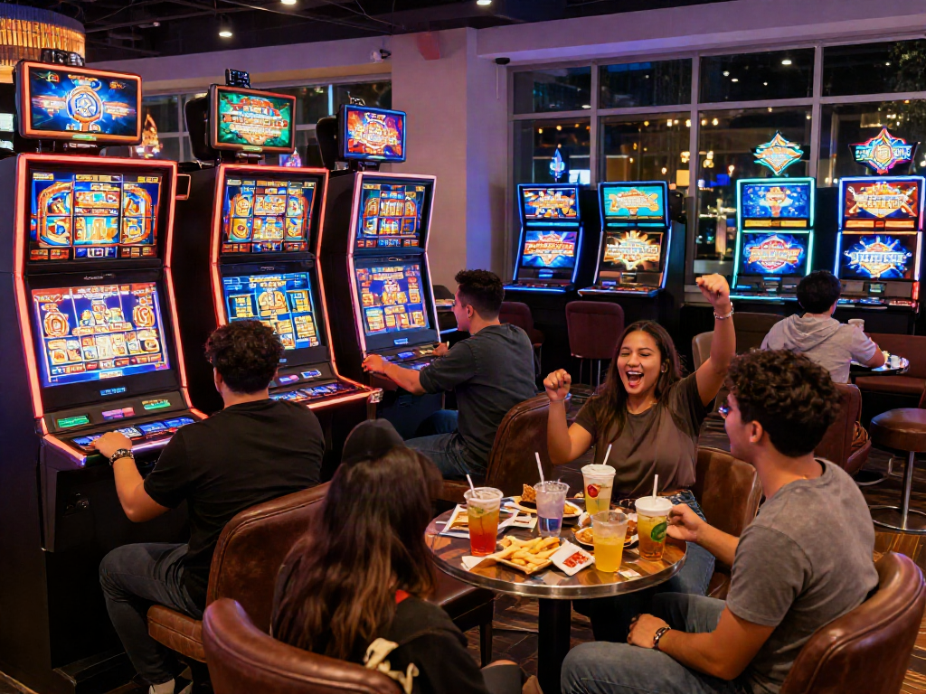 Exciting moment at a casino featuring slot server luar negeri with friends celebrating wins, vibrant atmosphere and colorful machines.