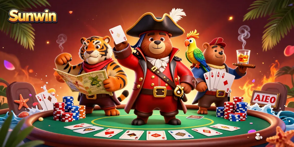 Engage with Sunwin's thrilling poker action featuring a pirate bear, tiger first mate, and vibrant game elements.