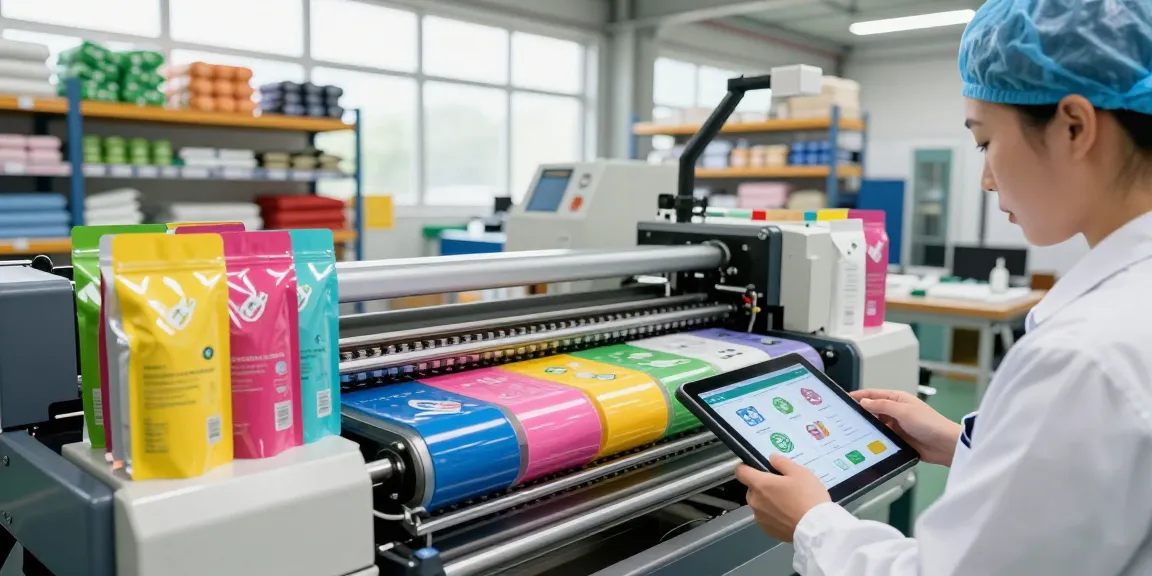 Flat bottom bags production in eco-friendly packaging factory showcasing vibrant designs and advanced technology.