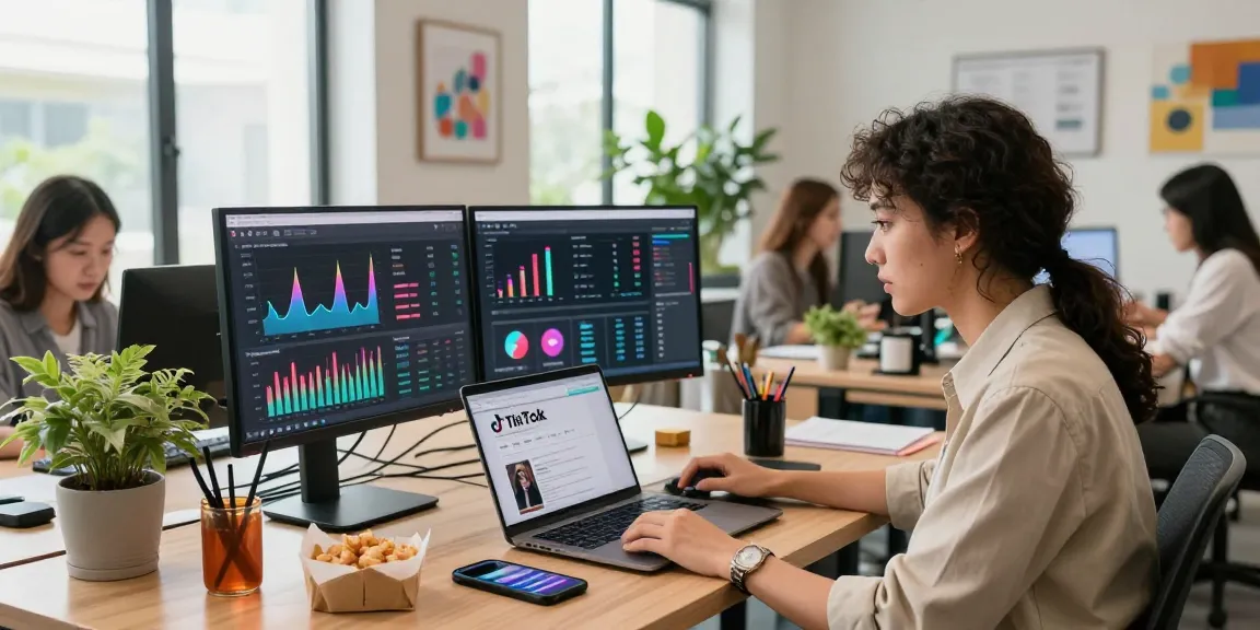 Buy tiktok likes legit in a vibrant office with social media metrics analysis.