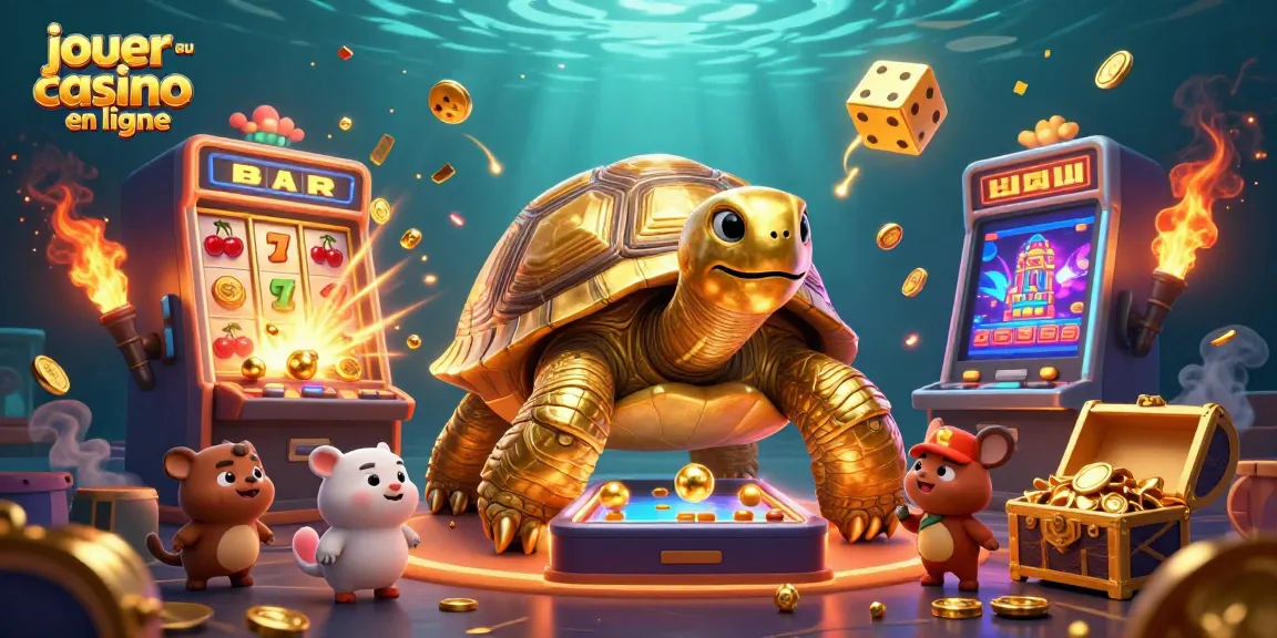 Jouez au casino en ligne avec une illustration d'une tortue en or jouant sur une machine à sous géante.
