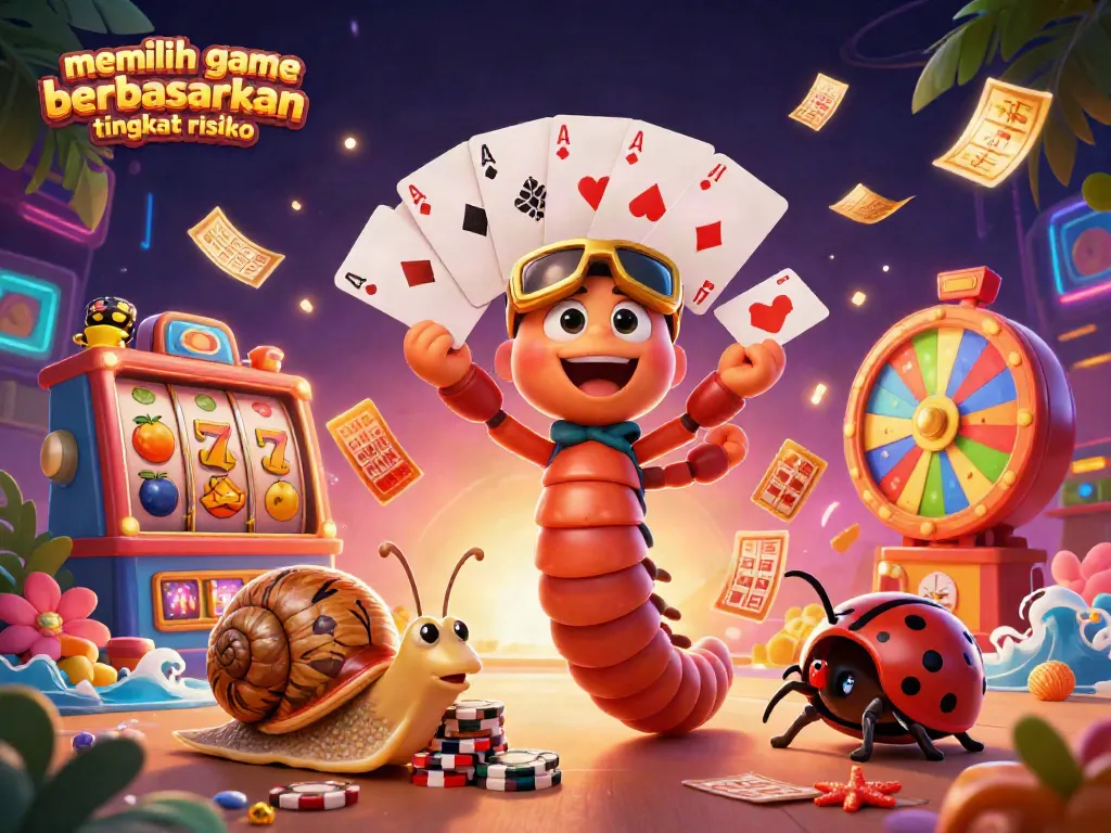 Pemain memilih game berdasarkan tingkat risiko dengan dealer kartun dan simbol slot yang dinamis.