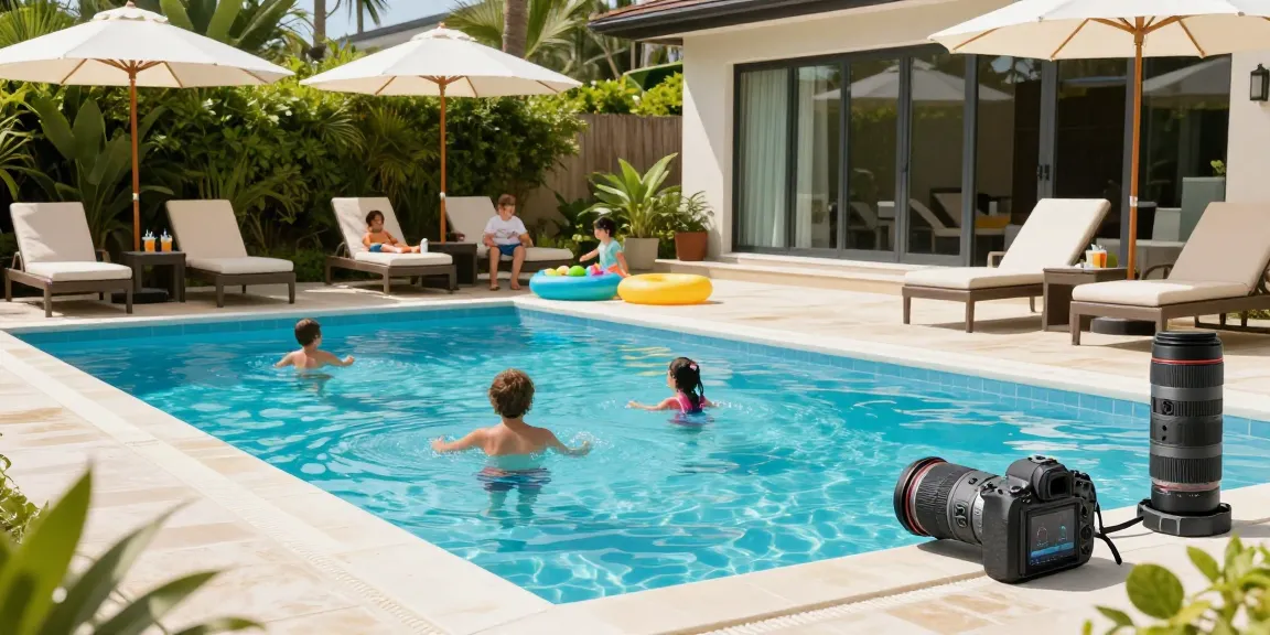 Enjoying family time at a pool with quality oprema za bazene, showcasing a modern outdoor setup.