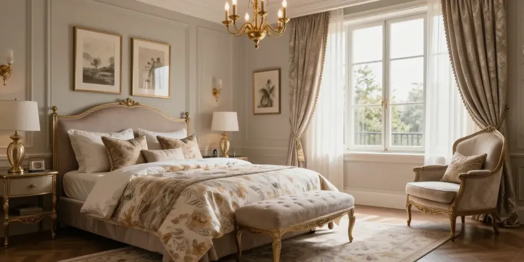 Luxurious bedroom designed in modern royal style featuring rokok88 super elements for ultimate comfort.