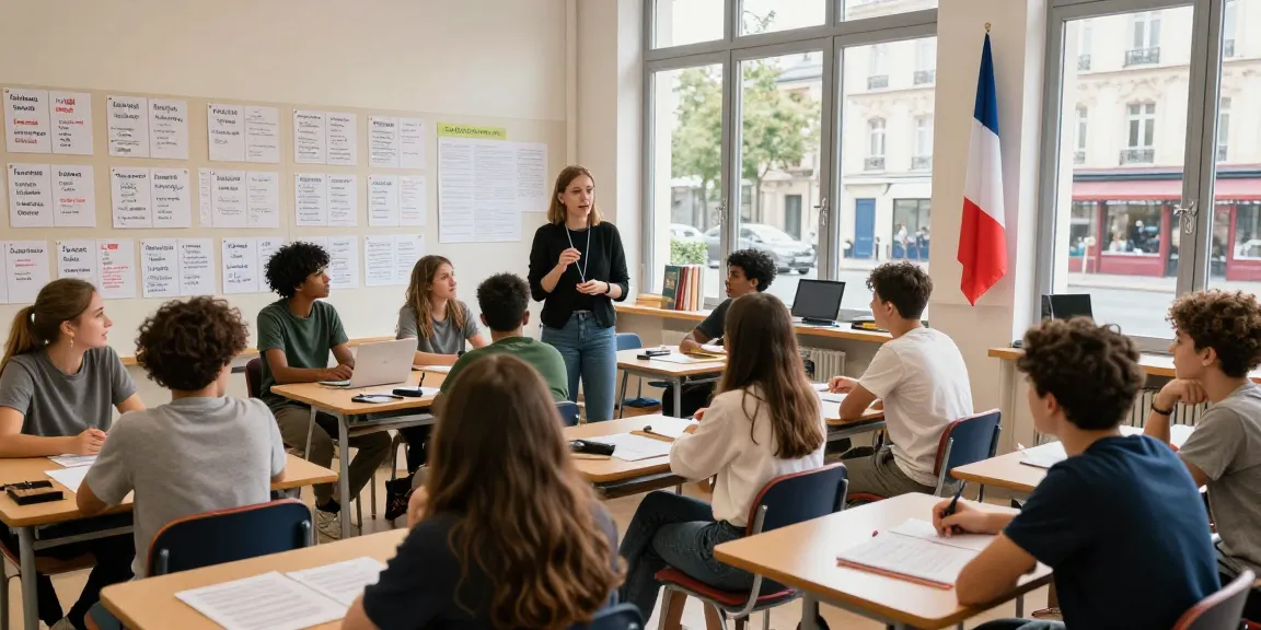 Interaktive Französischkurse in Frankreich, die verschiedene Schüler zeigen, die sich engagieren und lernen, und damit ein immersives Sprachenlernen hervorheben.