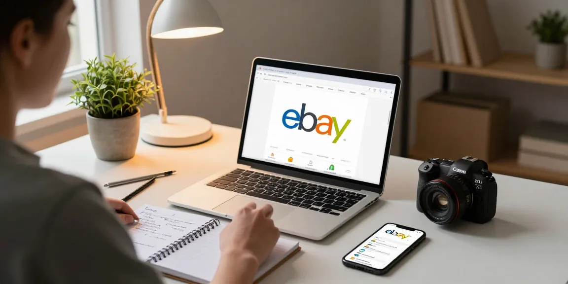 Buy eBay account in a modern home office, person shopping online with laptop.