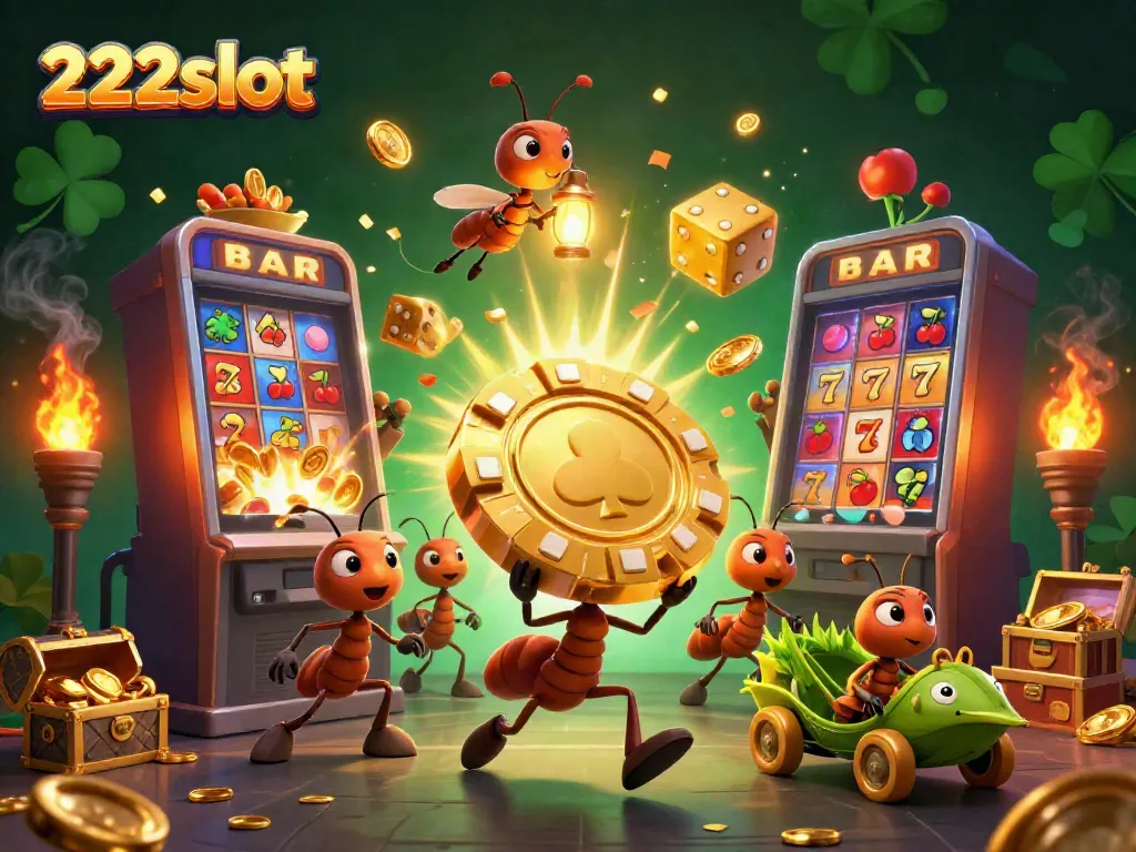 Tim semut 3D mengangkut chip poker emas di dunia slot 222slot yang penuh dengan koin dan efek cahaya.