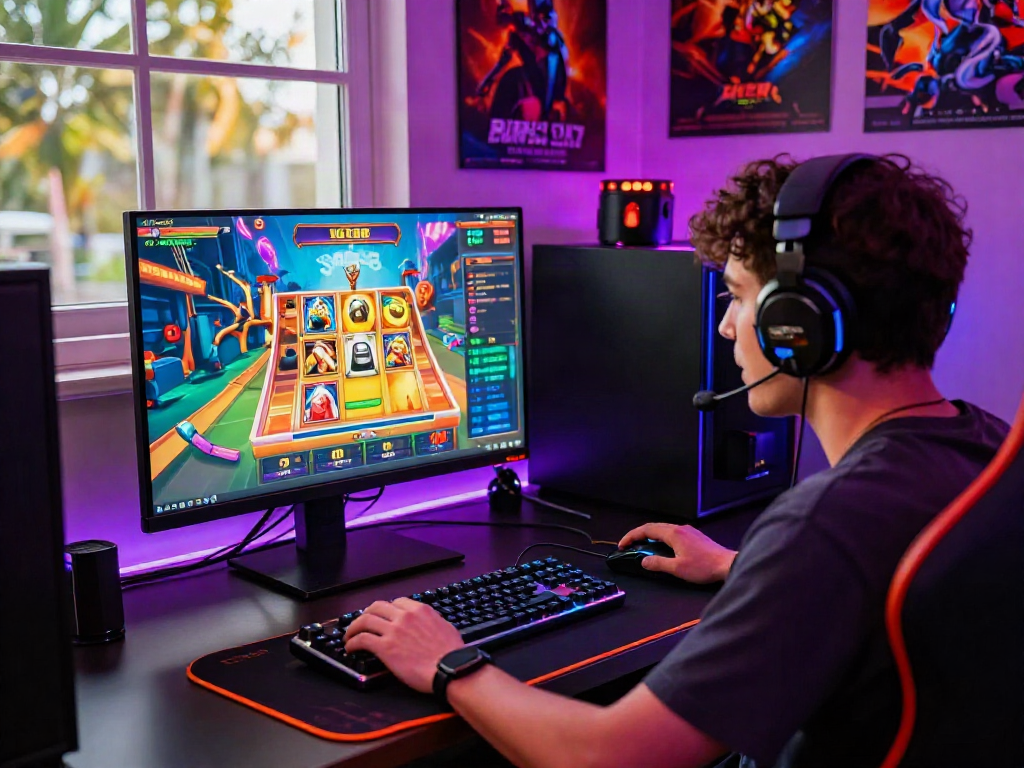 Engaged player experiencing the excitement of slot88 gaming with vibrant graphics and dynamic setup.