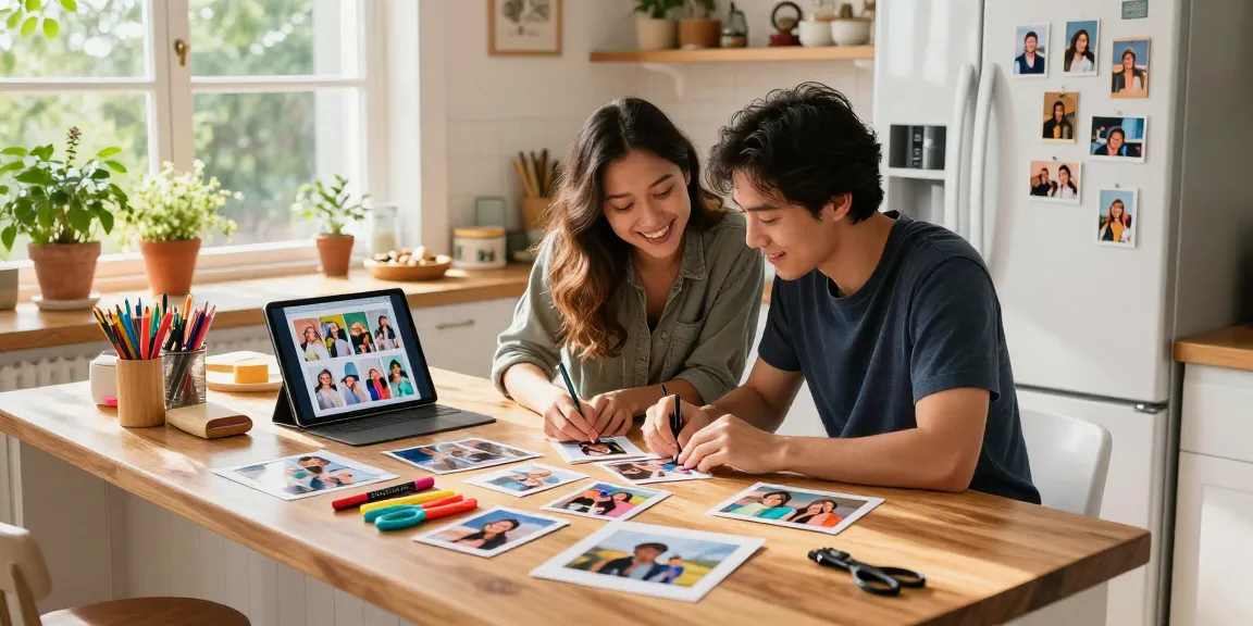 Creating custom magnets in a sunny kitchen with vibrant photos and art supplies.
