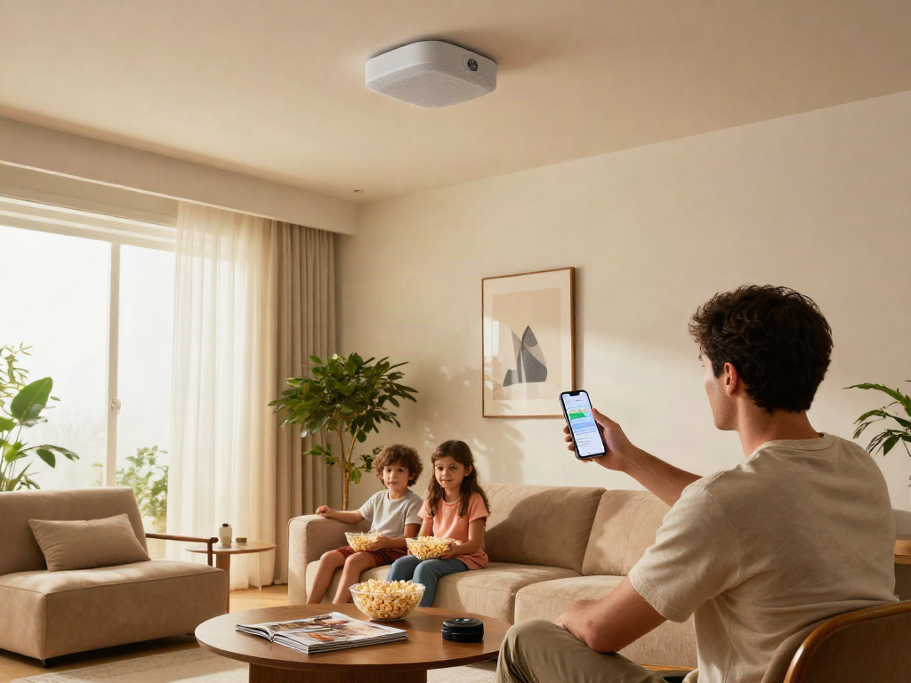 Family enjoying a movie with a ceiling speaker, showcasing modern home design