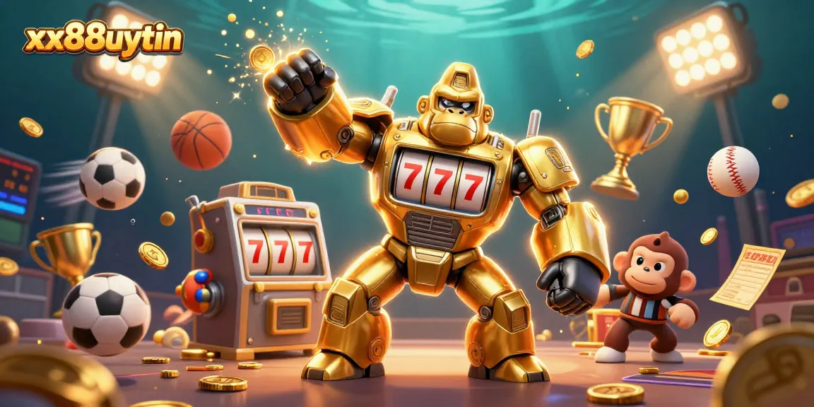 Experience thrilling action with xx88uytin's slot machine-themed gorilla mech surrounded by flying sports elements and golden coins.