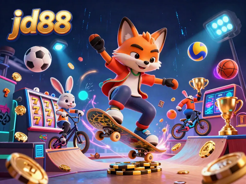 Experience the excitement of jd88 with a skateboarder fox and BMX rabbit in a vibrant casino scene.