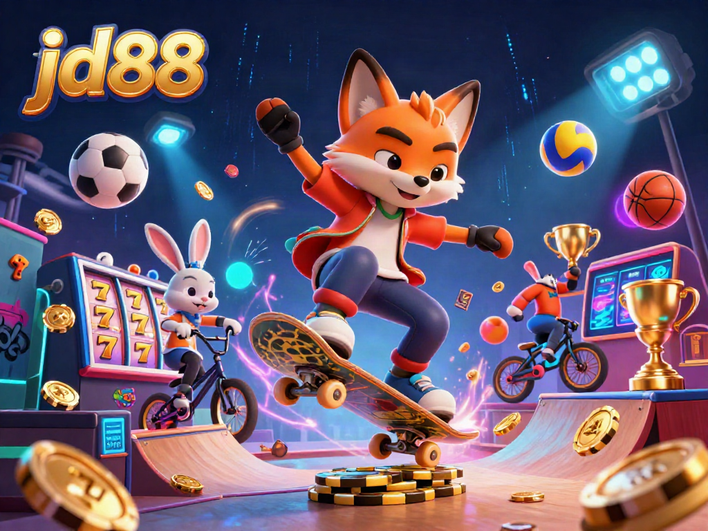 Experience the excitement of jd88 with a skateboarder fox and BMX rabbit in a vibrant casino scene.