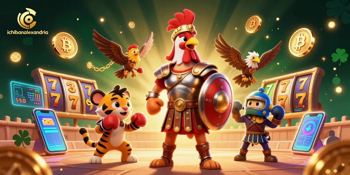 Permainan slot menarik di ichibanalexandria dengan ayam jantan bertarung dan simbol jackpot melambung.