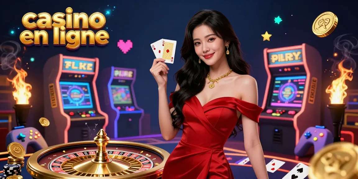 Moments captivants dans un casino en ligne mettant en scène une jeune femme asiatique avec une carte à jouer dorée à côté d'une roue de roulette.