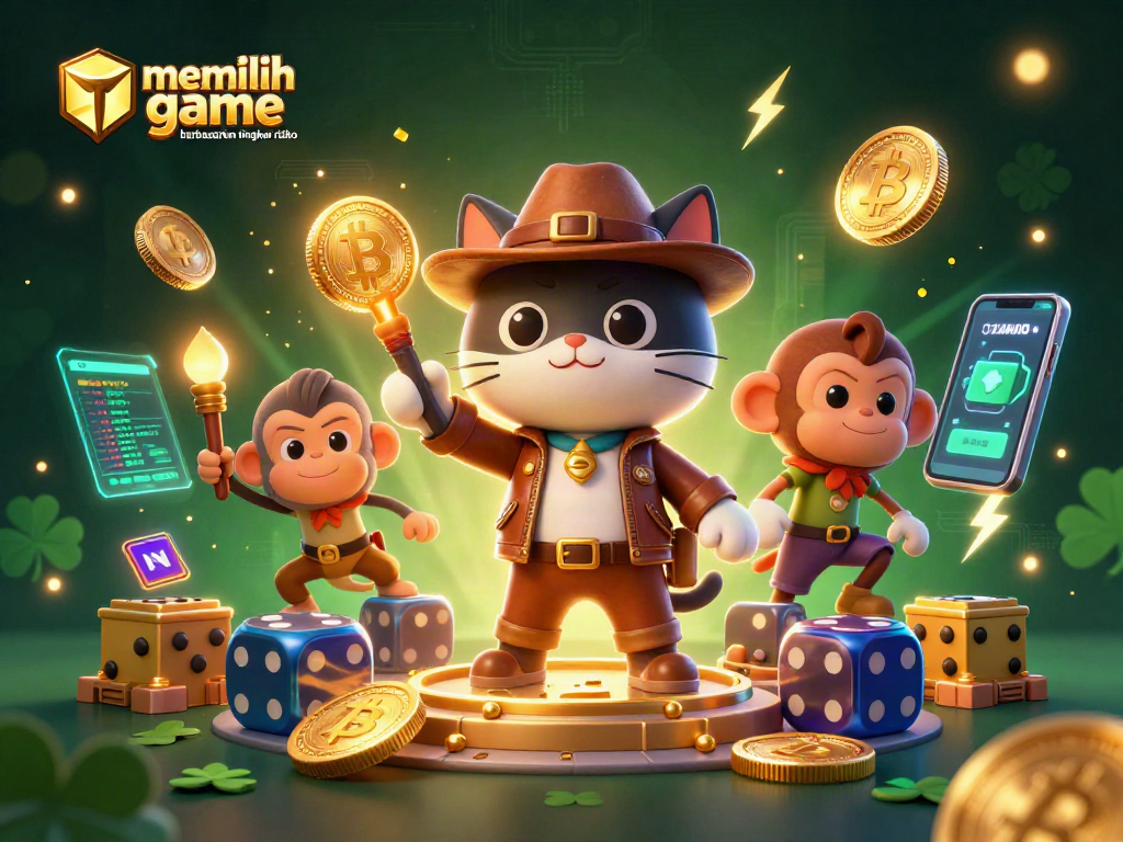 Gambarkan memilih game berdasarkan tingkat risiko dengan karakter kucing arkeolog berpetualang di kuil kasino emas.