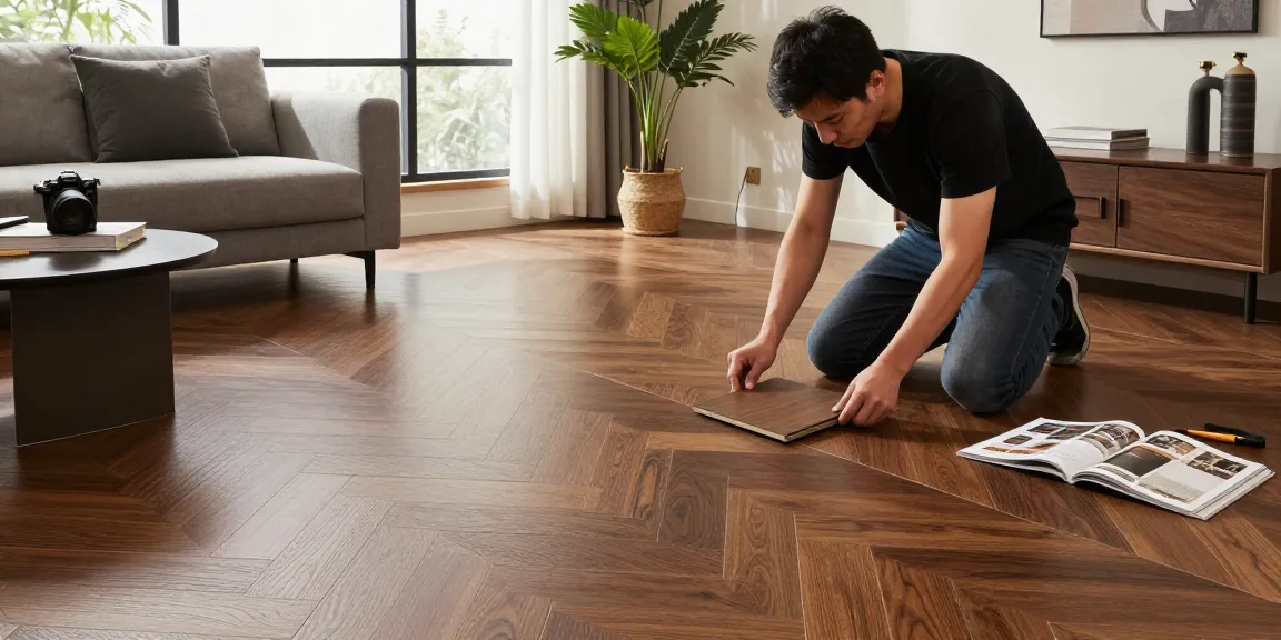 Interlock tiles being installed in a modern living room with natural light and stylish décor.