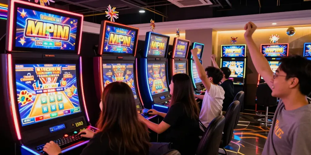Exciting gaming scene with friends celebrating wins in a mposlot tournament.