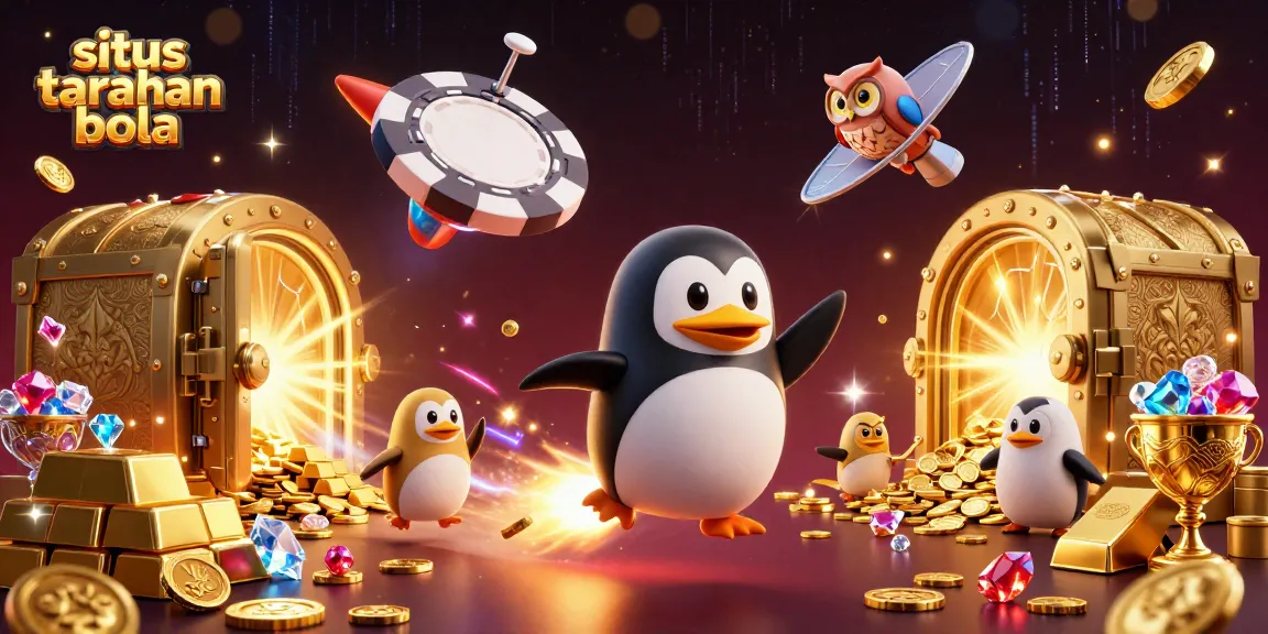 Engage in situs taruhan bola with a golden penguin navigating a cosmic betting adventure.