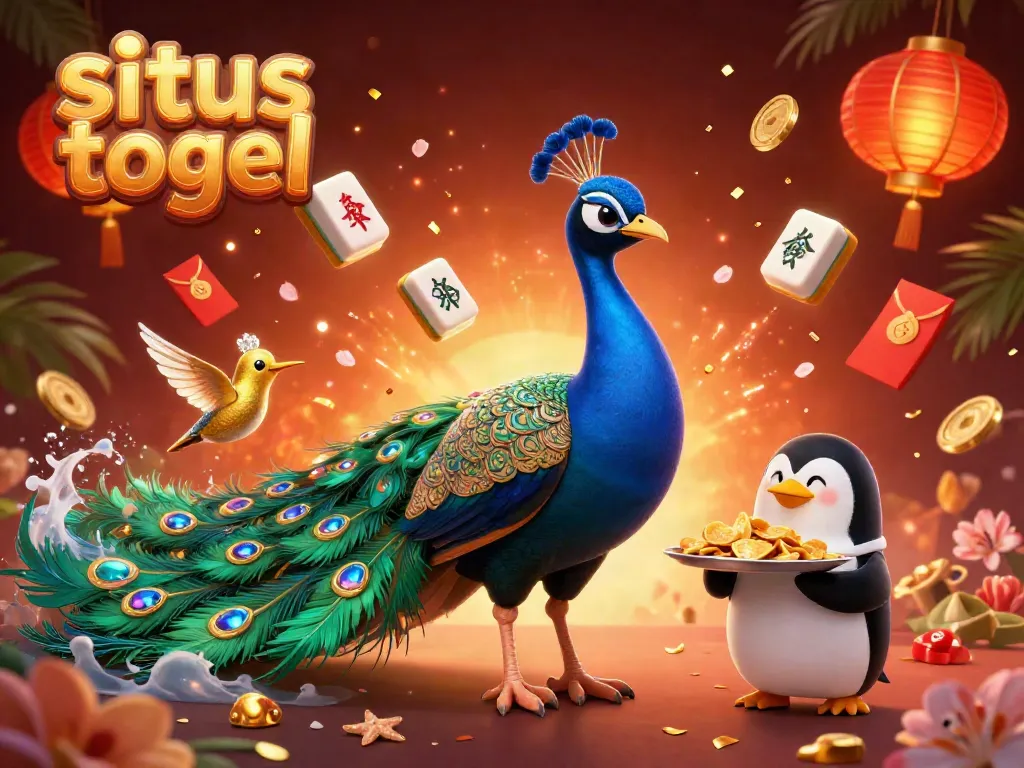 Win exciting prizes with situs togel, featuring a colorful peacock and vibrant casino elements.