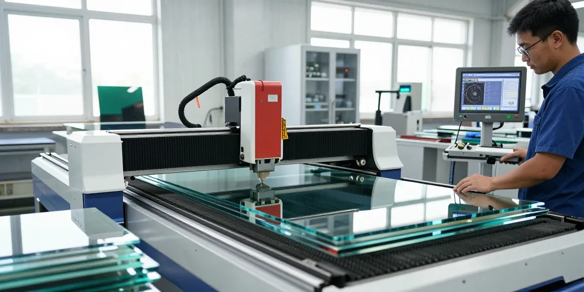 CNC glass cutting machine in a high-tech workshop with skilled technician operating.