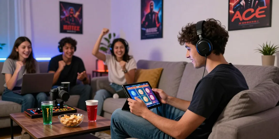 Raja receh bermain slot online di ruang tamu yang nyaman dengan atmosfer ceria.