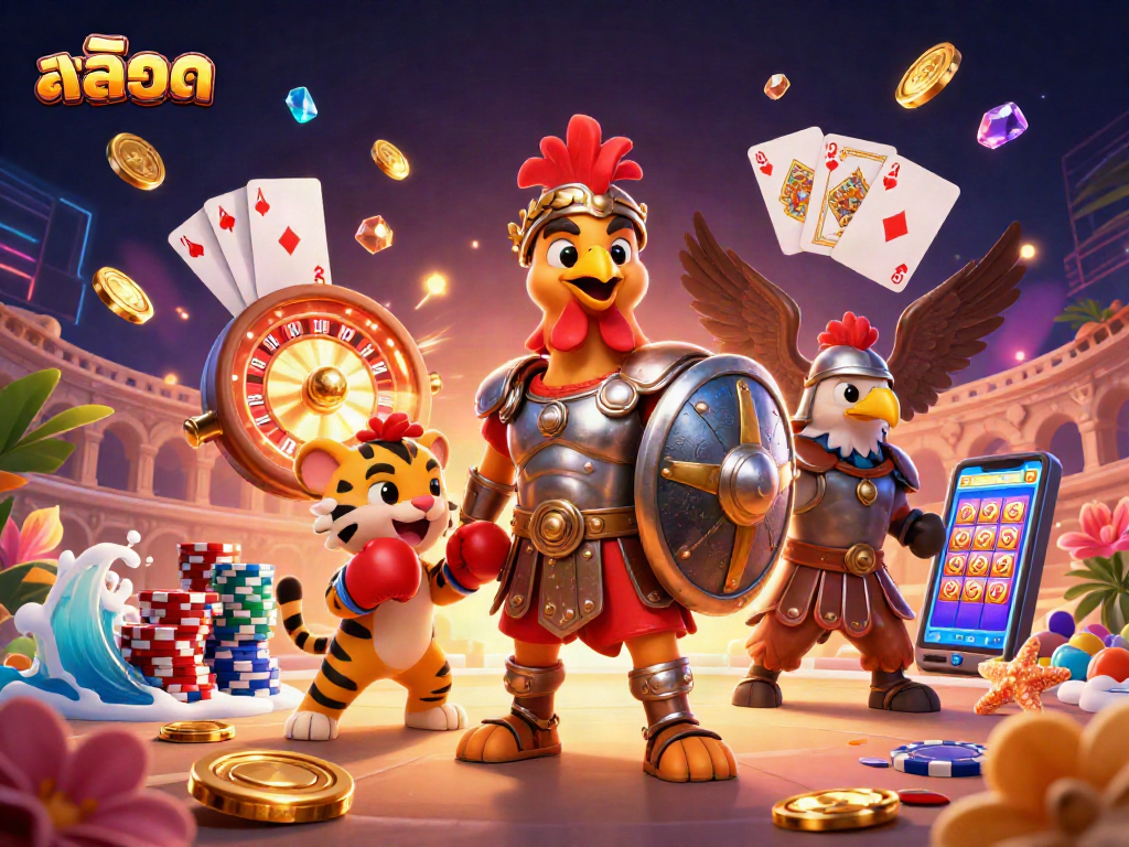 Engaging illustration showcasing a gladiator rooster and friends in a vibrant สล็อต casino scene.