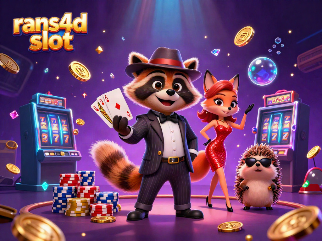 Rans4d slot menampilkan aksi penuh gaya di dunia togel online, dengan karakter kartun dan elemen kasino yang berkilau.
