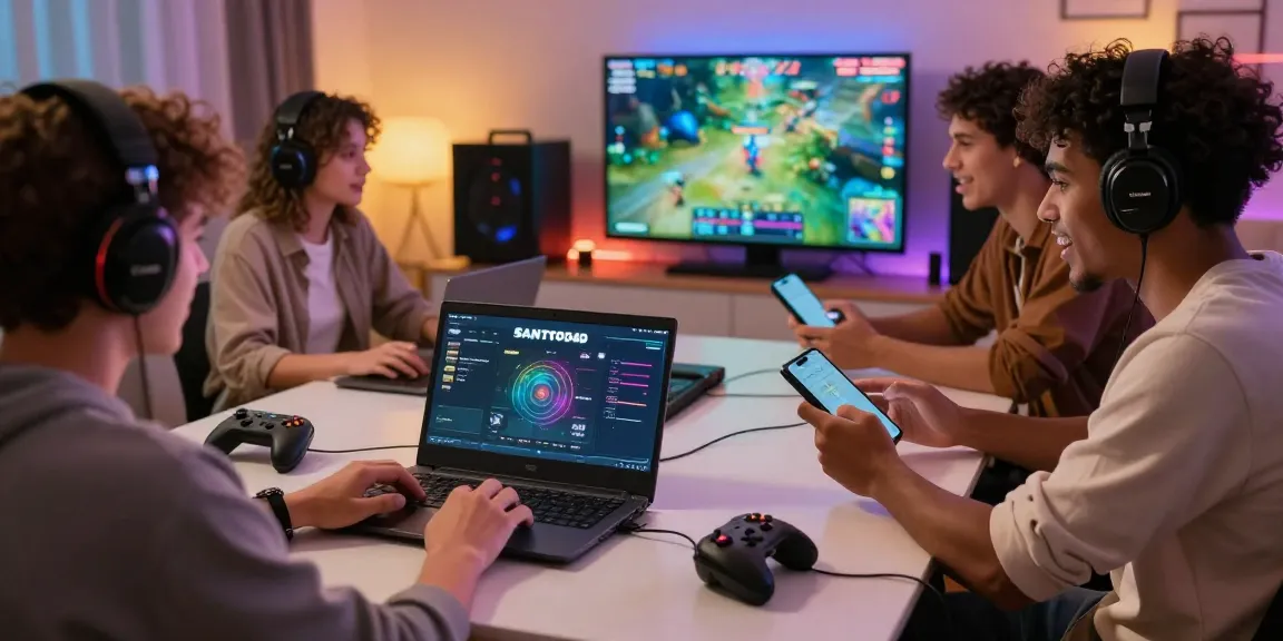 Pengalaman bermain angka online nyaman di SANTOTO4D, kelompok teman bersenang-senang dengan laptop dan perangkat gaming.