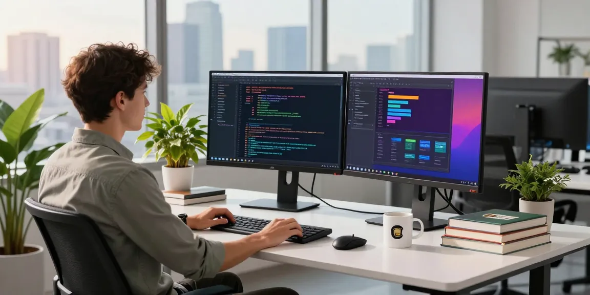 Innovative digital workspace showing raja328.com software development setup with code on monitors and coffee mug.
