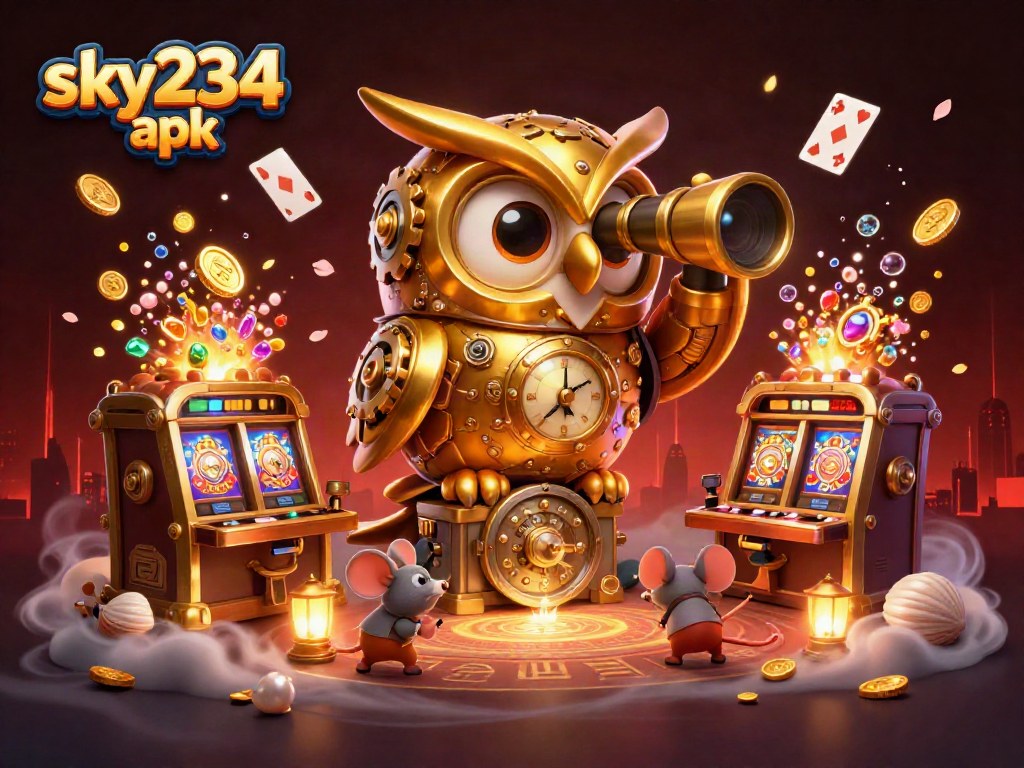 Engage with sky234 apk as you explore a vibrant casino scene featuring whimsical characters.