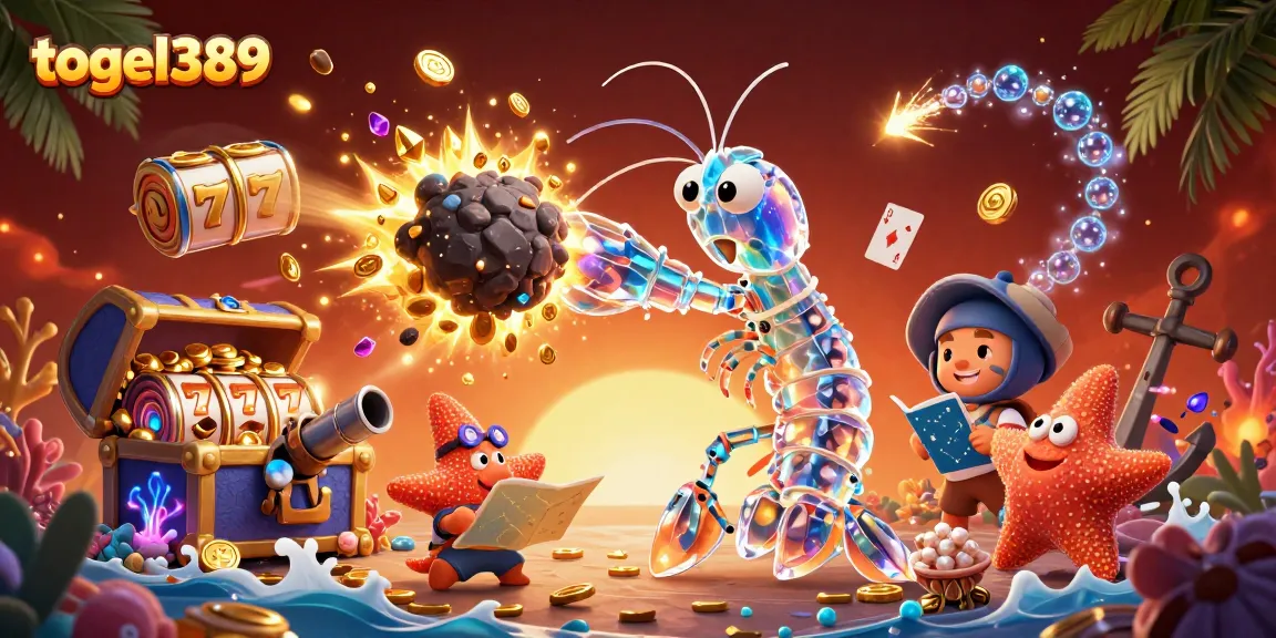 Engage with togel389 as the galactic samurai mantis shrimp punches through an asteroid exploding with coins and gems in a vibrant casino-themed scene.