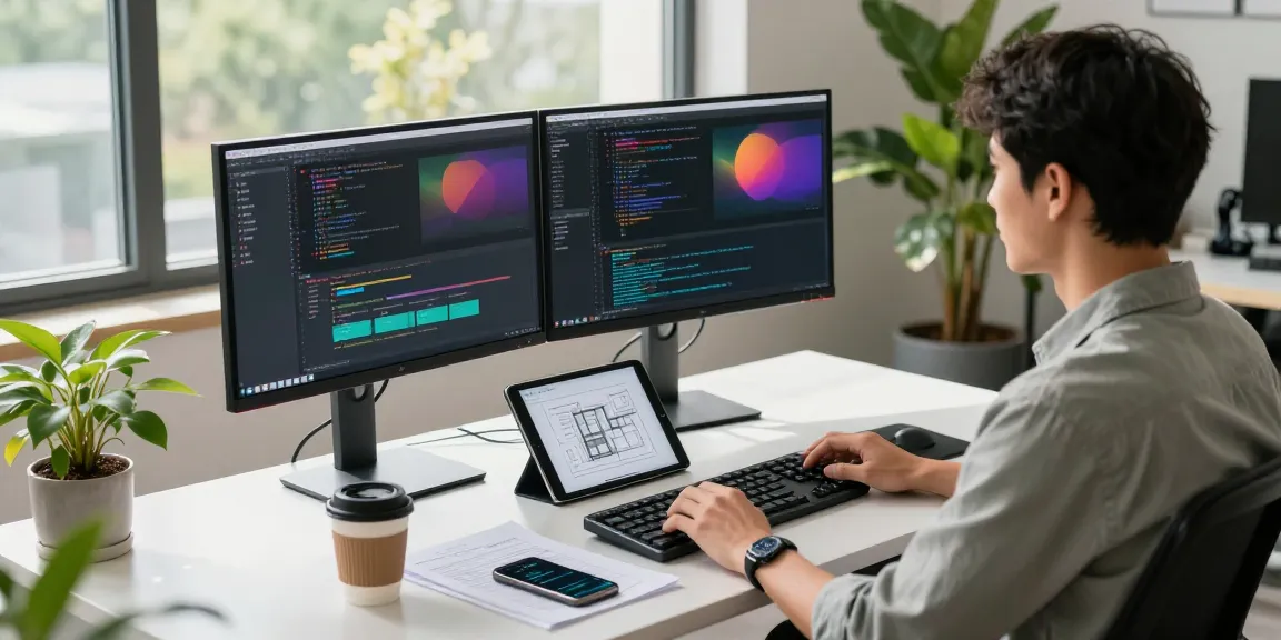 Developer working on 纸飞机中文版 in a modern office, with screens displaying code and design.
