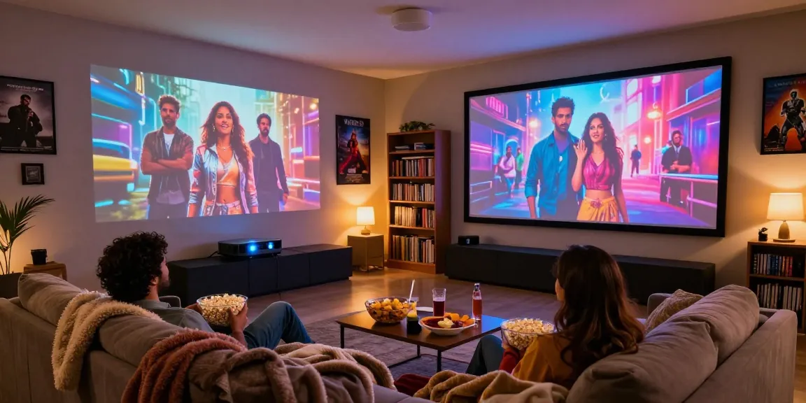 Enjoy a cozy movie night at home with films from https://www.bolly4uorg.in featuring a couple on a couch with ambient lighting.