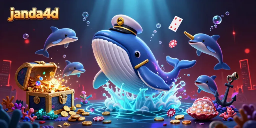 Visualisasi menarik dari janda4d dengan karisma kartun ikan paus dan karakter lucu dalam suasana kasino bawah laut.