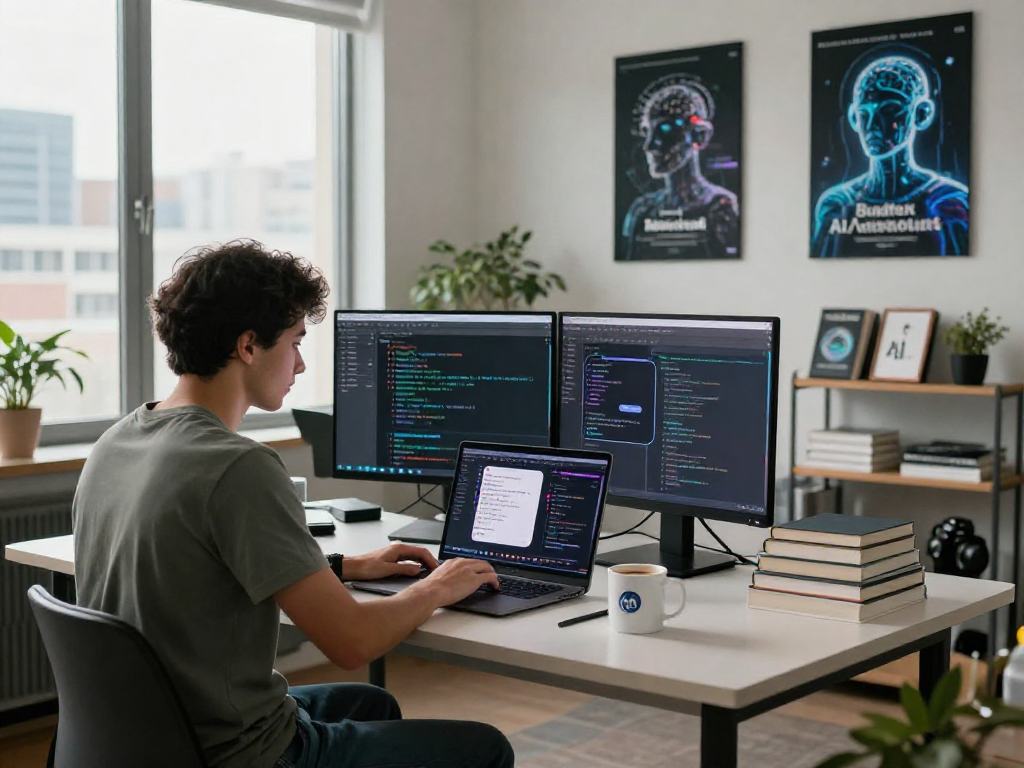 Developer building AI nsfw chat application in modern workspace with multiple screens displayed.