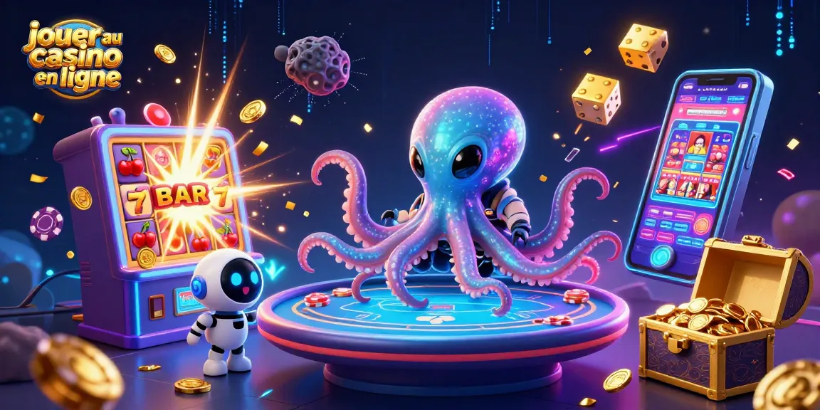 Jouer au casino en ligne avec un poulpe alien animé à une table de poker holographique entouré de machines à sous et de trésors.