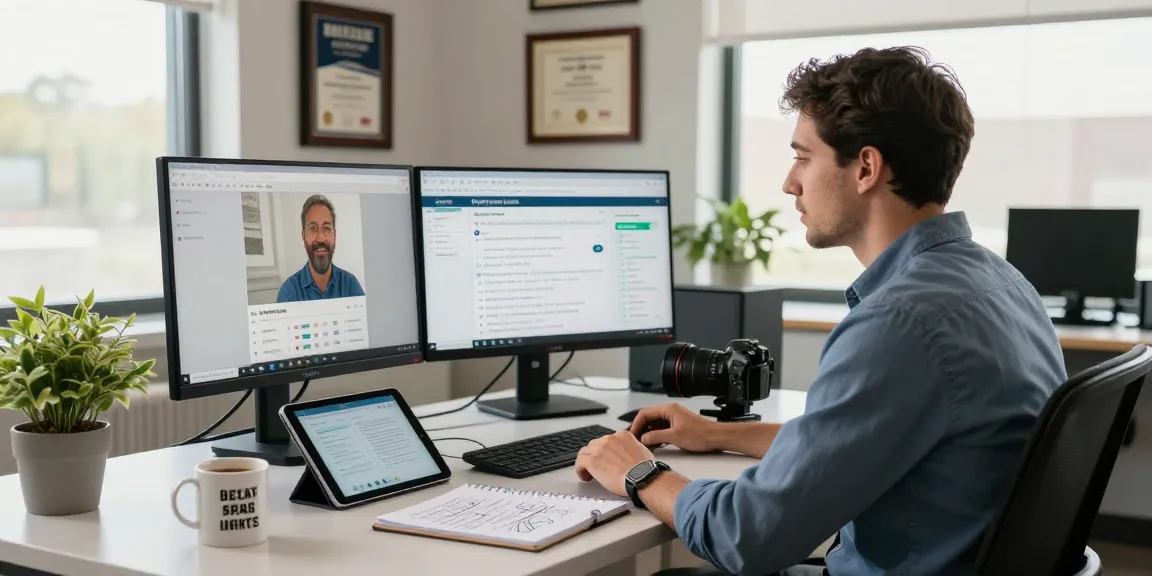 David Vepraskas Atlanta engaged in a professional video call, showcasing a modern office with digital analytics.
