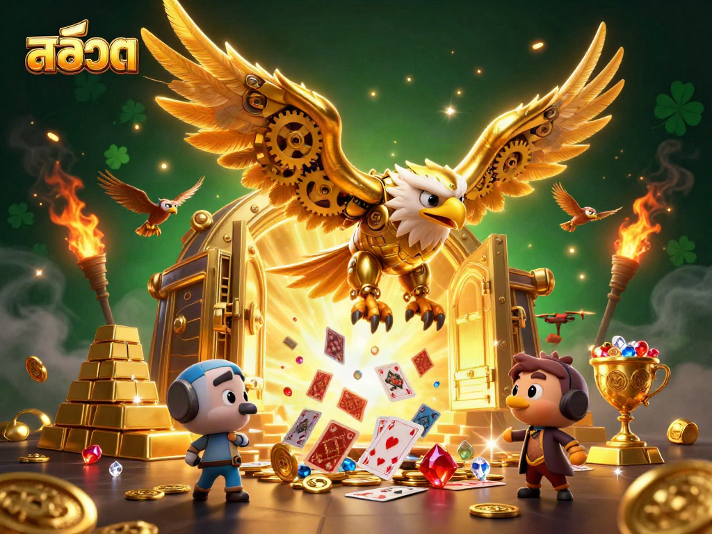 Experience thrilling สล็อต gameplay with a dynamic scene of golden treasures and a majestic eagle.