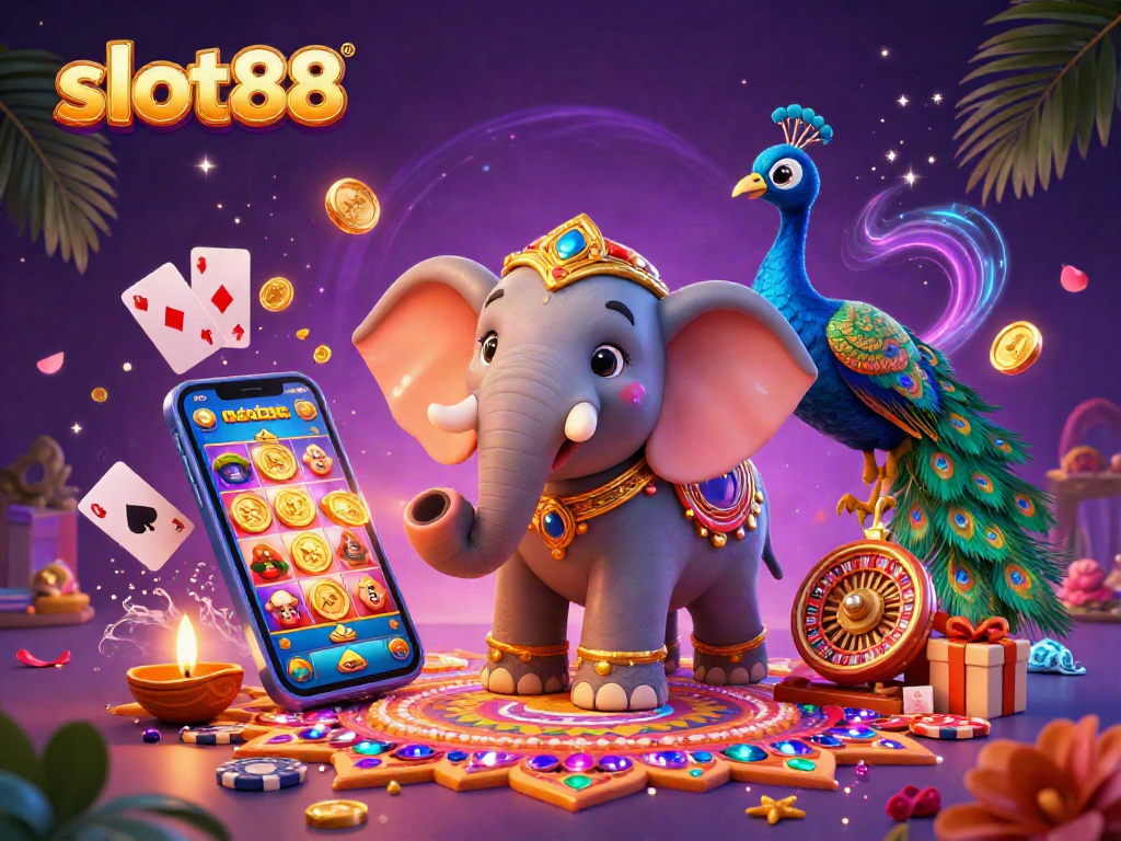 Engage with slot88's vibrant 3D illustration showcasing a Diwali elephant and peacock with dynamic slot game elements.