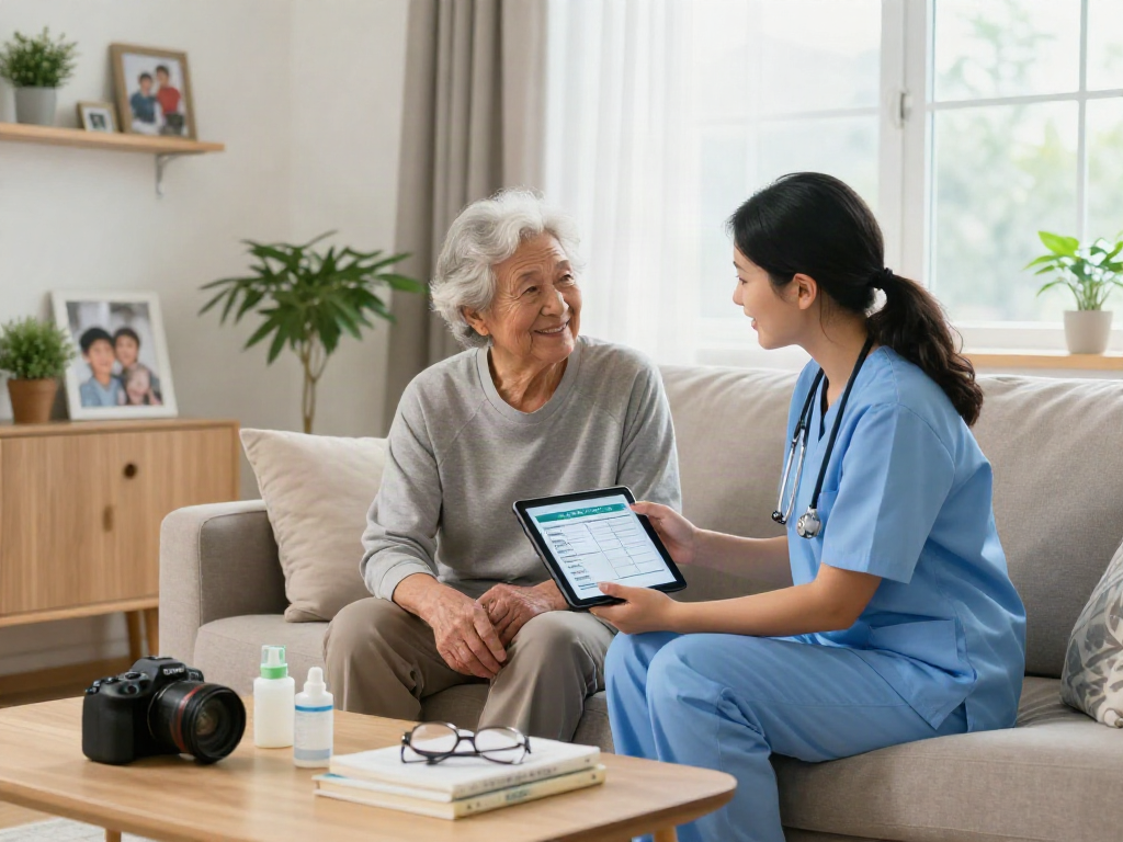 Compassionate caregiver assisting elderly client, showcasing bonus new member services in a warm home care environment.