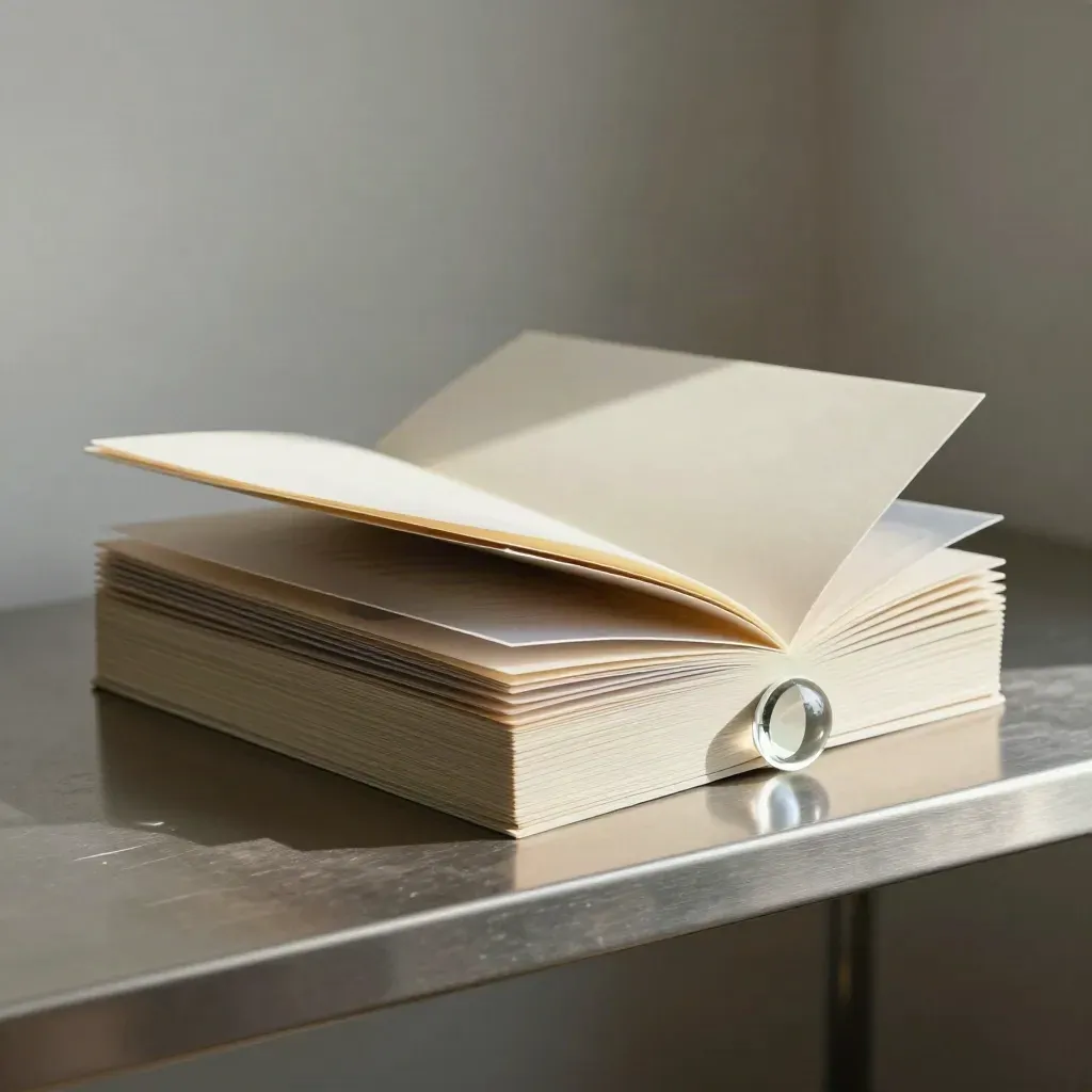 Ivory analytics folio with glass weight on a pewter shelf, softly lit with bokeh.